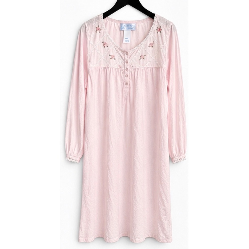 Adonna Sleepwear Pink Cotton Floral Embroidered Lace Trim Nightgown XXL
